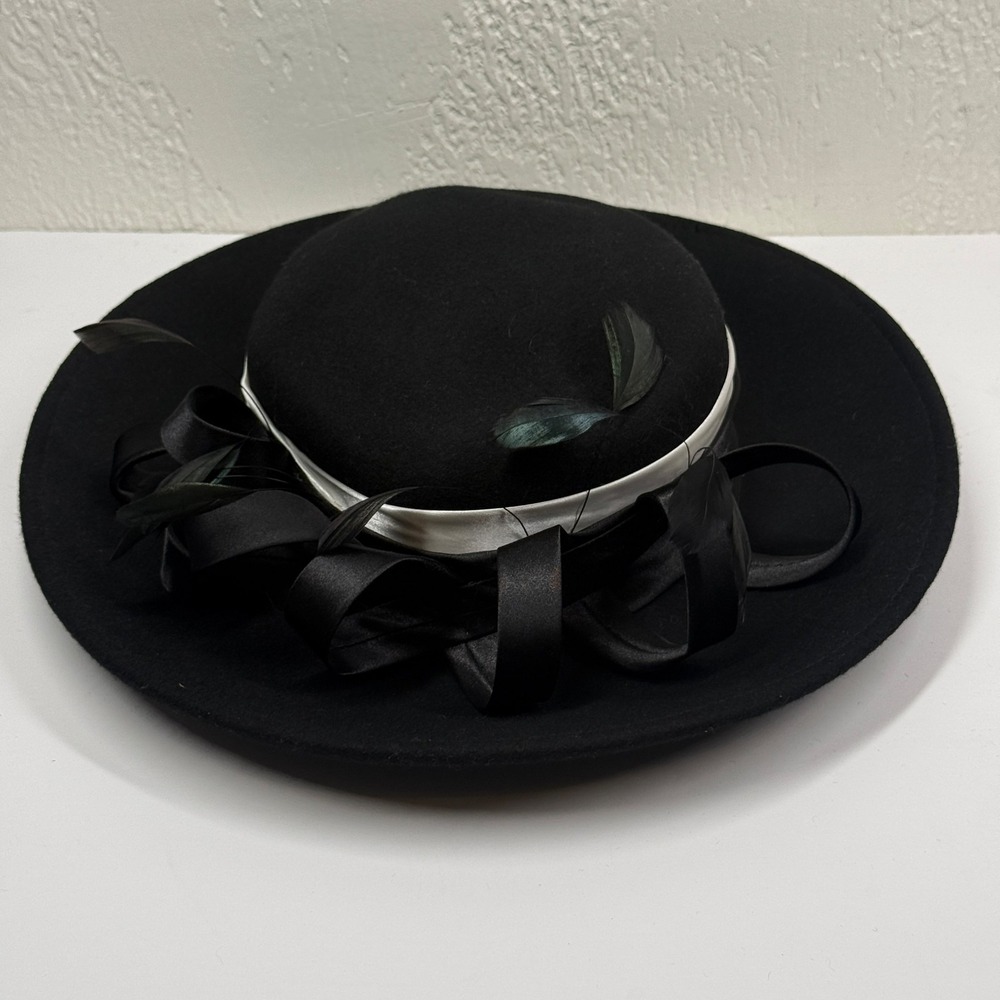 August Accessories Fedora Wide Brim Structured Wool Black Ribbon Hat Size OS